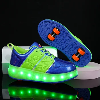 Новая детская обувь на четырех колесах со светодиодной подсветкой, детские роликовые коньки, Дышащая лакированная кожа, кроссовки для мальчиков, девочек и женщин, Размер 31-40