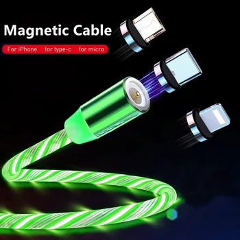Светодиодное Свечение Струящегося Магнитного Зарядного Кабеля Освещение Быстрой Зарядки Micro USB Type C Для iPhone Xiaomi Android Phone USB C Wire Cord