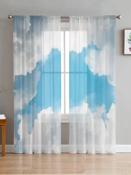 Белые облака в голубом небе, шифоновые прозрачные шторы для гостиной, декор спальни, Кухонное окно, вуаль, тюлевая занавеска