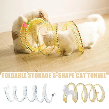 Складной кошачий туннель S-образной формы, пружинящая игрушка-кошачий туннель с плюшевой мышкой и перьями, пластиковая интерактивная игрушка-кошка, кошачий туннель-трубка