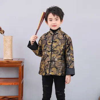 Китайский традиционный костюм эпохи Тан для мальчиков, подарок на Весенний фестиваль, Классное пальто, Желто-красный Новогодний наряд, топ с принтом Дракона