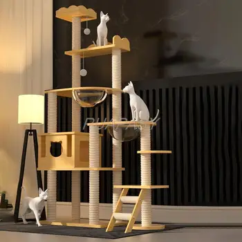 Многоуровневая рамка для лазания по кошачьему дереву, полка, Деревянная когтеточка, Сизалевый столб, платформа для прыжков, Жердевая башня, Встроенная рамка для кошки