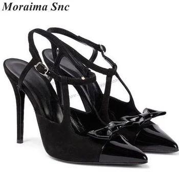 Пикантные черные босоножки с бантиком в стиле пэчворк, женская обувь на тонком высоком каблуке, ремешок с пряжкой на щиколотке, острый носок 2023 Zapatos Para Mujere