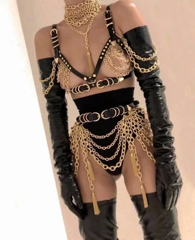 Женское бикини с Золотой Металлической Цепочкой и Черными Кожаными Длинными Перчатками - Sexy Bar, Ночной клуб, DJ Dancer Gogo Costume
