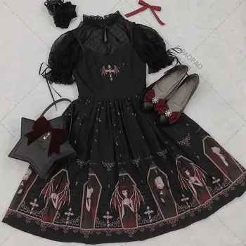 Темно-готическое платье с принтом Дьявола, Черное платье на подтяжках в викторианском японском стиле Lolita Jsk, бандажные платья Loli Sexy Sweet Goth
