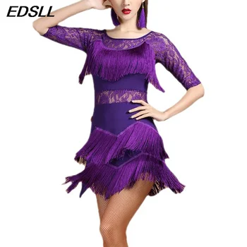 Новый модный латиноамериканский танцевальный костюм для взрослых женщин Танго Самба Румба Бальные костюмы Сексуальные Кружевные кисточки Облегающее Платье