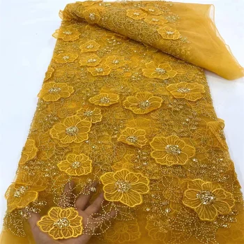 3D Аппликация Цветы Французские Нигерийские Африканские кружева Роскошные ткани С последовательностью Для свадьбы Свадебные платья ручной работы из бисера XC4505