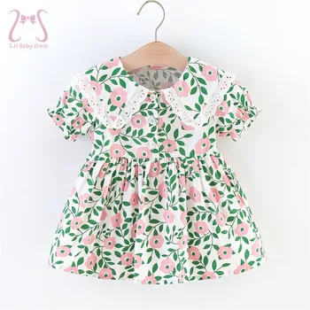 Летнее платье с цветочным узором для маленьких девочек, милая детская одежда с лацканами, детский костюм с пышными рукавами, модная одежда для малышей от 0 до 3 лет