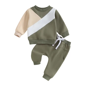 Комплекты штанов из 2 предметов для маленьких мальчиков, толстовка контрастного цвета с длинным рукавом и штаны с завязками