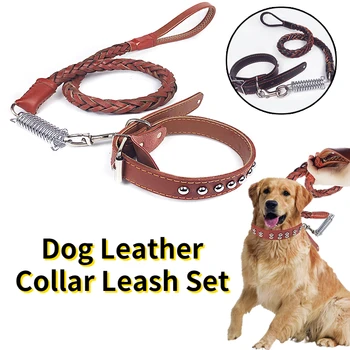 S/M/L, прочный кожаный плетеный ошейник для собак и поводок, набор для выгула собак среднего размера, тренировочный поводок