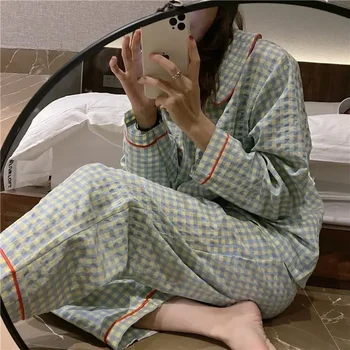 Симпатичный комплект студенческих брюк в сетку, осенняя пижама для женщин New Home бежевого цвета с милыми рукавами и длинной