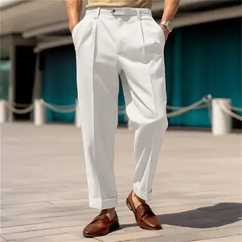 Мужские брюки для поездок на работу, стильные мужские костюмные брюки, удобная дышащая ткань со средней талией и широкими штанинами для официальной деловой офисной одежды для мужчин