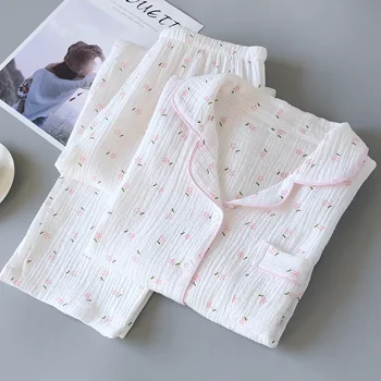 Весенне-осенняя домашняя одежда с длинным рукавом, свободный пижамный комплект из 2 предметов, 100% Марлевый хлопок, повседневная рубашка для сна с принтом, домашняя одежда