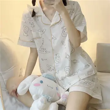 Пижама, комплект из двух предметов, женская одежда, летняя пижама, милые шорты с коротким рукавом, милый Японский летний комплект тонкой домашней пижамы
