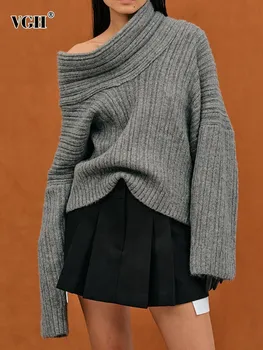 VGH, однотонные вязаные минималистичные свободные свитера для женщин, диагональный воротник, длинный рукав, повседневный пуловер с открытыми плечами, женский свитер