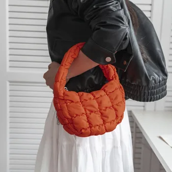 Мини-клетчатая сумка через плечо, модная пуховая сумочка с нейлоновой подкладкой и хлопковой подкладкой, теплая легкая Однотонная стеганая сумка-тоут, женская сумка-тоут.