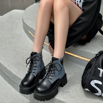 Новые зимние модные женские ботинки на толстой подошве со шнуровкой и круглым носком, короткие ботинки из искусственной кожи из денима ботинки женские bota feminina