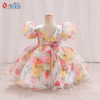 Outong Детское шифоновое летнее платье от 1 года до 7 лет С милым цветочным принтом V Образная спинка Красочная детская одежда для девочек