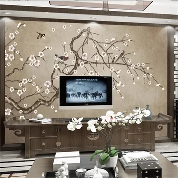 wellyu Пользовательские обои 3D фреска новая китайская классическая ручная роспись белая слива птица ТВ фон обои домашний декор 3d Обои