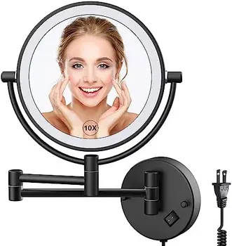 Зеркало для макияжа с Увеличением, 8-Дюймовое Зеркало Для Макияжа Со светодиодной Подсветкой, Двустороннее с Выдвижным Кронштейном 1X/10X Туалетного Столика на 360 ° 