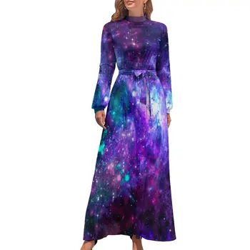 Фантазийное платье Galaxy Cosmic Space Фиолетово-Бирюзовое Вечернее Макси-платье Уличная одежда Пляжные Длинные платья Дизайн с высоким вырезом Vestido