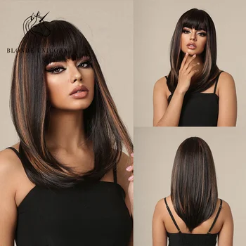 Светлый черно-коричневый парик с единорогом и челкой, синтетический прямой парик средней длины для женщин, косплей, Парики для вечеринок, Термостойкие