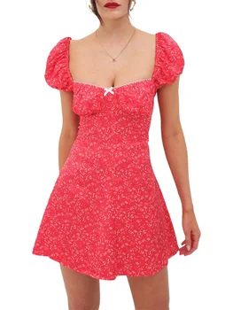 Yoawdats Женское мини-платье трапециевидной формы Y2K с коротким пышным рукавом, круглым вырезом и цветочным принтом, Короткое Струящееся платье, пляжная одежда