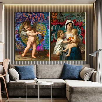 Религиозное Настенное искусство, Дева Мария и Ангел, Детский Плакат, Абстрактная фреска на холсте, Современный стиль Граффити, Домашний декор