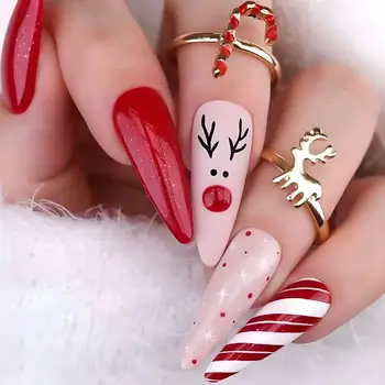 24шт Накладные ногти с Рождественским Миндалем, Накладные ногти, Накладные кончики ногтей, Сделай САМ, Полное покрытие, Съемное