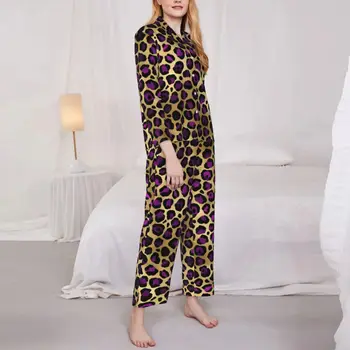 Пижамы с леопардовым принтом Осенние фиолетовые и золотые Винтажные пижамные комплекты большого размера Женские пижамы с длинными рукавами в стиле Ретро