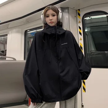 Deeptown Винтажная Ветровка, женская Уличная одежда Harajuku Оверсайз, Анорак с капюшоном на молнии, Корейская мода, осень-зима