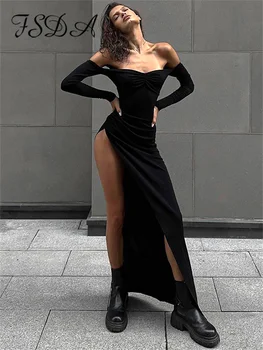 FSDA Макси-платье с открытыми плечами, длинным рукавом и открытой спиной, с высоким разрезом, женские осенне-зимние Элегантные Сексуальные облегающие вечерние платья, клубные наряды