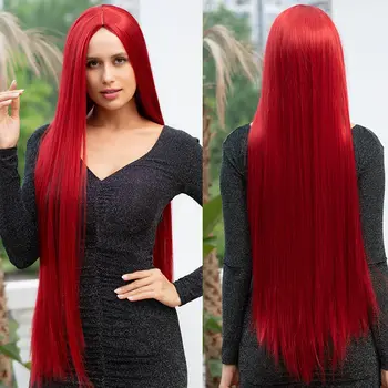 40-дюймовый синтетический сетчатый парик на пуговицах красного цвета с длинными волосами средней длины для ролевых игр, подходящий для вечеринок, повседневной одежды для женщин