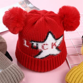 Вязаная шапочка для маленьких мальчиков и девочек, осенне-зимняя теплая шерстяная шапка-бини с принтом звезды, меховая шапочка-качалка для детей 0-3 лет
