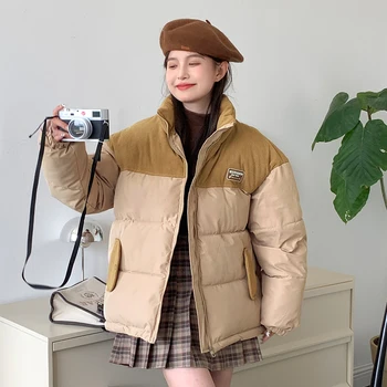 Вельветовое хлопчатобумажное пальто сращивания женская зима 2023 Корейская версия новое свободное хлопчатобумажное пальто оверсайз утолщенная короткая куртка освежающая