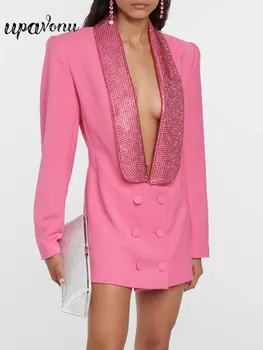Сексуальный женский костюм, пальто с открытой спиной, модный фруктовый вырез, дизайн со стразами, приталенный двубортный розовый блейзер, модное офисное пальто OL.