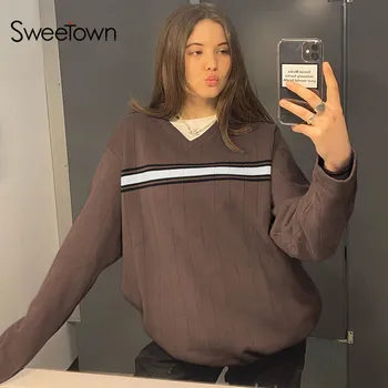 Sweetown Коричневая винтажная толстовка свободного кроя 90-х, женская толстовка с длинным рукавом Sweat Femme, Новые джемперы, вязаный пуловер в полоску с V-образным вырезом для девочек