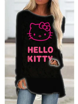 Женская футболка Hello Kitty В Геометрическую полоску С 3D Принтом, Спортивная Уличная одежда С Длинным рукавом И Круглым вырезом, Базовая Свободная футболка