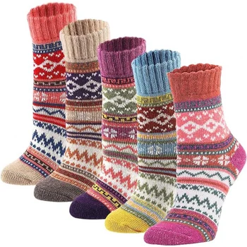 Женские зимние теплые носки, вязаные шерстяные носки-лодочки, многоцветные среднего размера, крестообразные ретро-чулки с толстой иглой, 5 пар.