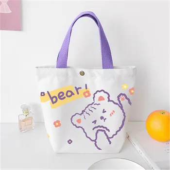 Мини-хлопчатобумажная холщовая сумочка в корейском стиле с милым медведем, сумки-тоут, женская сумка с ручкой, многоразовое прекрасное украшение, сумка для хранения ланча