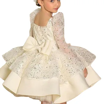 Расшитые бисером тюлевые платья с цветочным узором для девочек на свадьбу, квадратный вырез, длинный рукав, детское праздничное платье длиной выше длины, праздничное платье для Первого причастия
