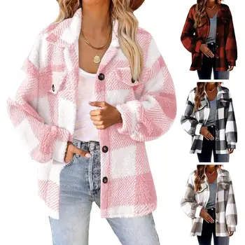Повседневная женская однобортная повседневная рубашка с накладным карманом, пальто с цветным блоком, Мягкая плюшевая куртка с длинными рукавами и лацканами, свободная модная куртка