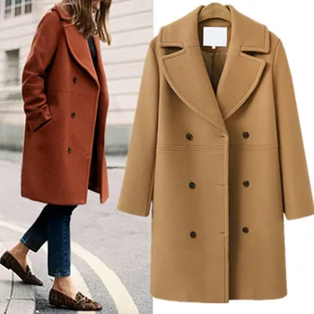 Осенне-зимнее модное женское однотонное двубортное повседневное пальто с длинными рукавами модного темперамента