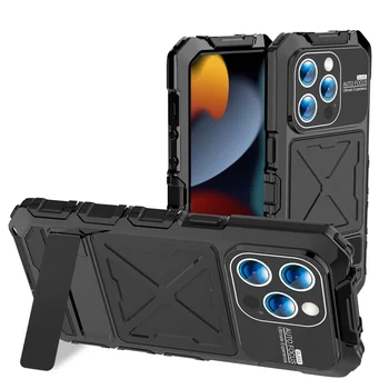 Военный тяжелый чехол для iPhone 15 14 Pro Max Plus Встроенная подставка Стеклянная защита экрана Защита объектива камеры Прочная крышка