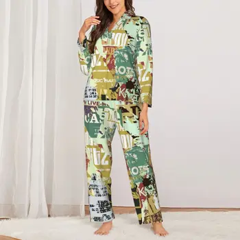 Пижамный комплект с газетным коллажем, Винтажная Эстетичная Модная Пижама, женская Одежда для сна с длинными рукавами, Повседневная Комната, 2 предмета, пижама большого Размера