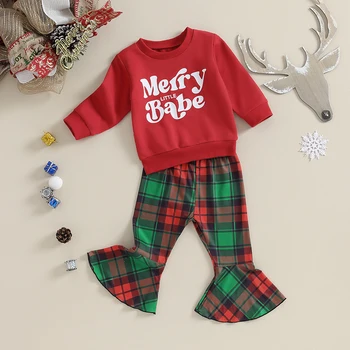Рождественская одежда для маленьких девочек из 2 предметов, пуловер с длинным рукавом и буквенным принтом, расклешенные брюки, комплект одежды для малышей