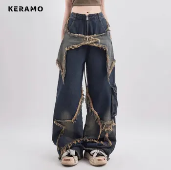 Прямые джинсовые брюки American Retro Stars с кисточками и высокой талией, женские повседневные мешковатые джинсовые брюки Y2K в стиле Гранж, уличная одежда с широкими штанинами,