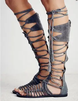 Бренд LTTL/ женские летние сандалии-гладиаторы серого цвета, узкополосные сапоги до колена на шнуровке, мотоциклетные ботинки на плоской подошве
