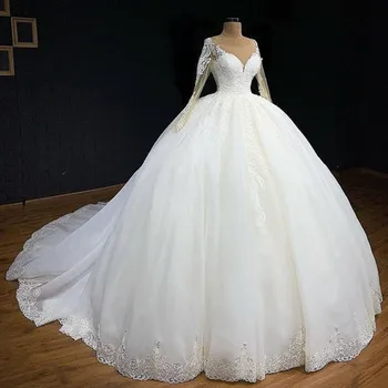 Великолепные Свадебные платья из Дубайского кружева, Бальное платье принцессы с длинными рукавами, свадебные платья с аппликацией, Прозрачное Платье с круглым вырезом, Vestidos De Novia Marriag